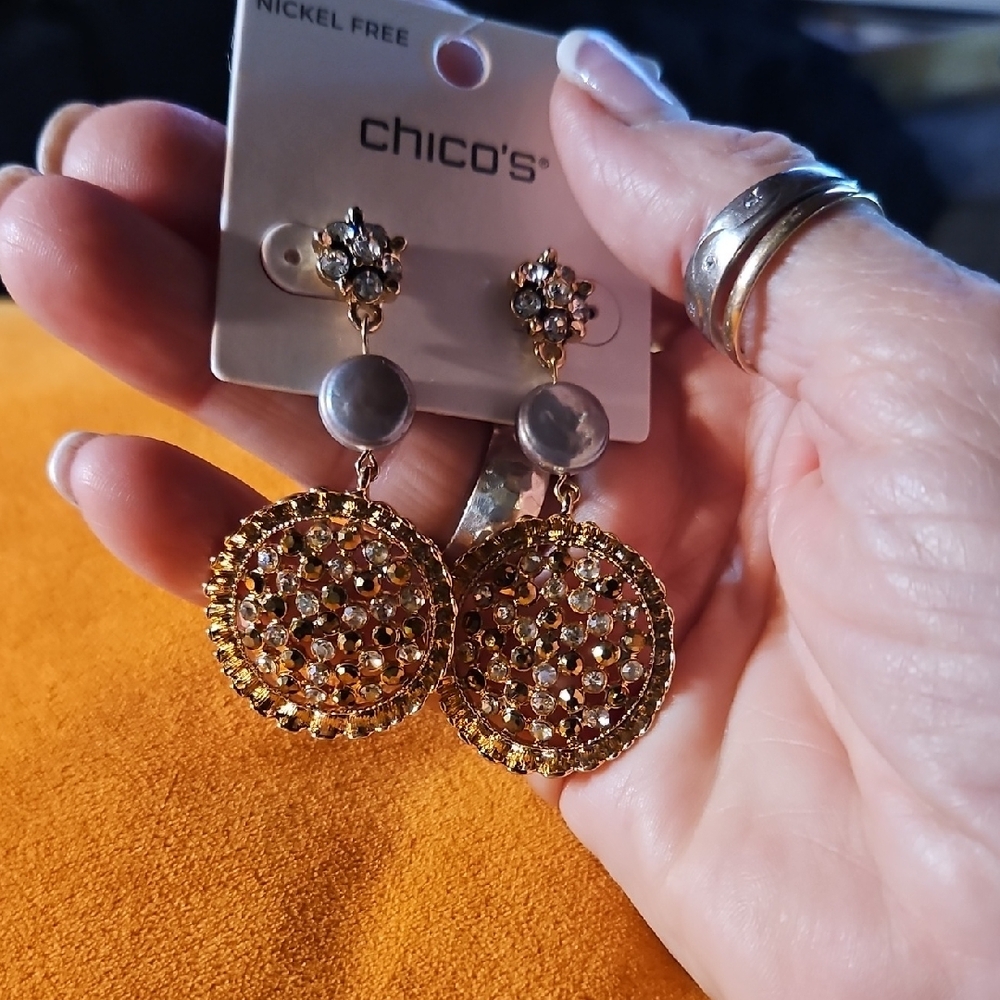 Chico's Gold Filigree Drop Earrings with Silver Pearl and Clear Crystals - Picture 3 of 6